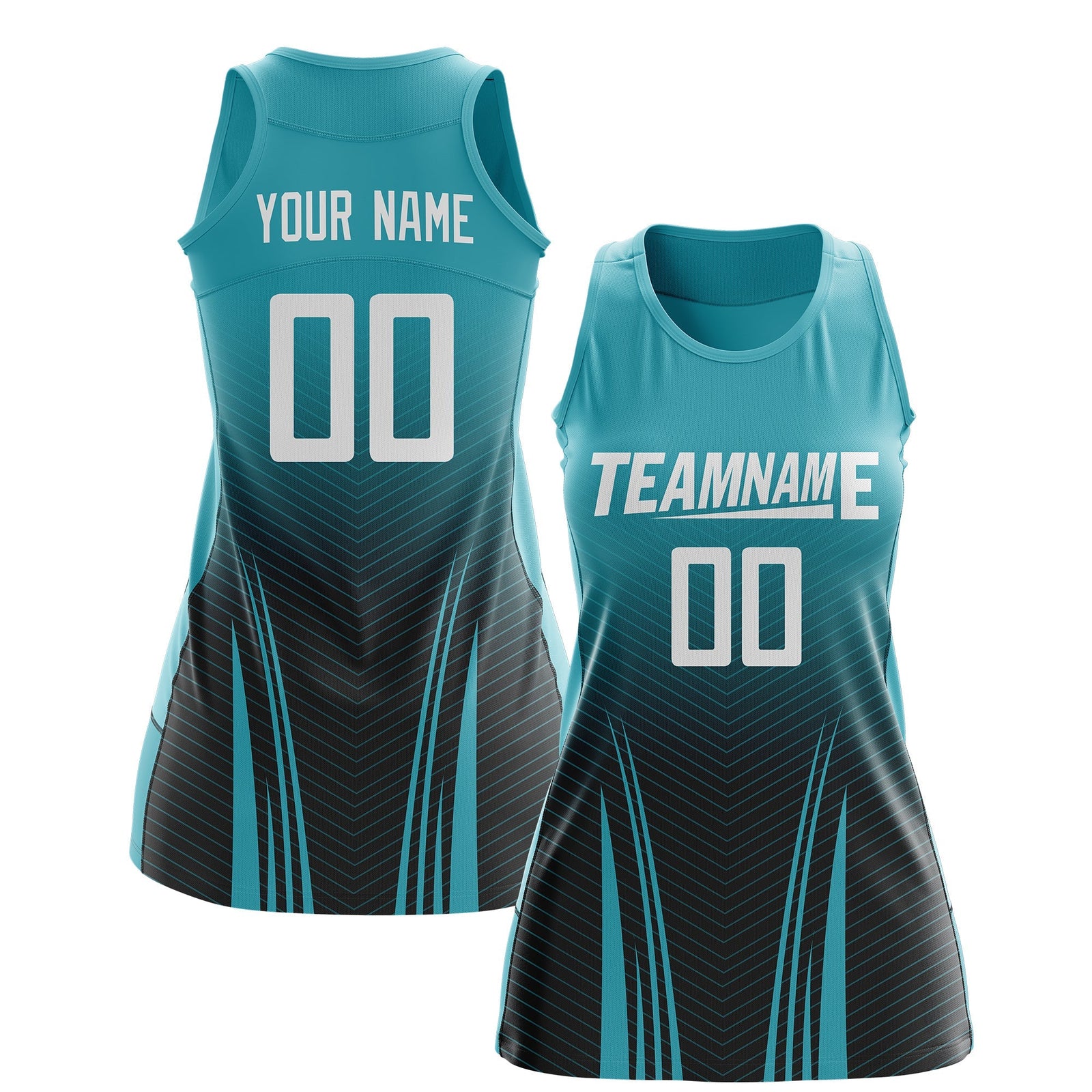 Custom Women Netball Dress | Aqua Black V-Shaped Pinstripes Uniform with Name & Number