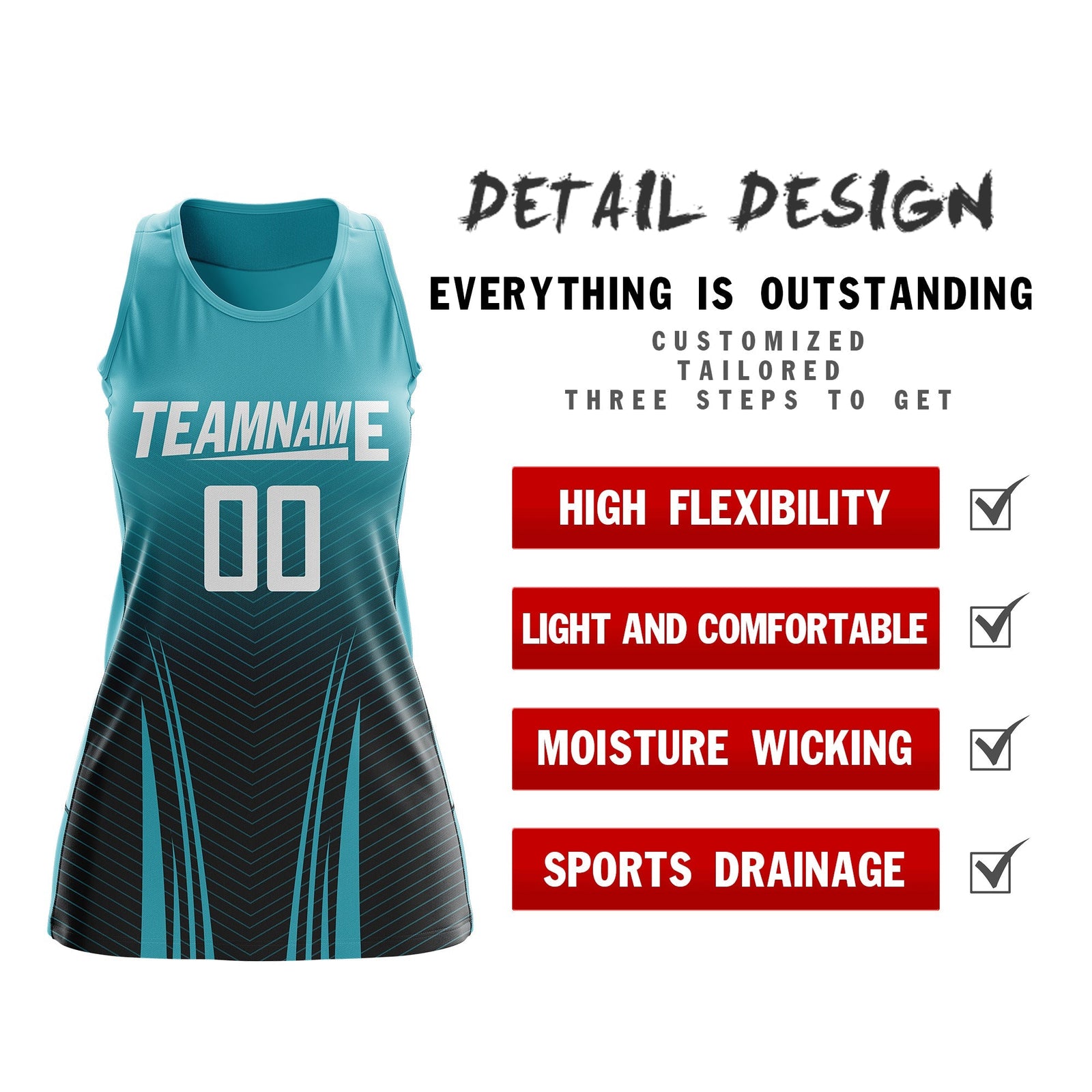 Custom Women Netball Dress | Aqua Black V-Shaped Pinstripes Uniform with Name & Number