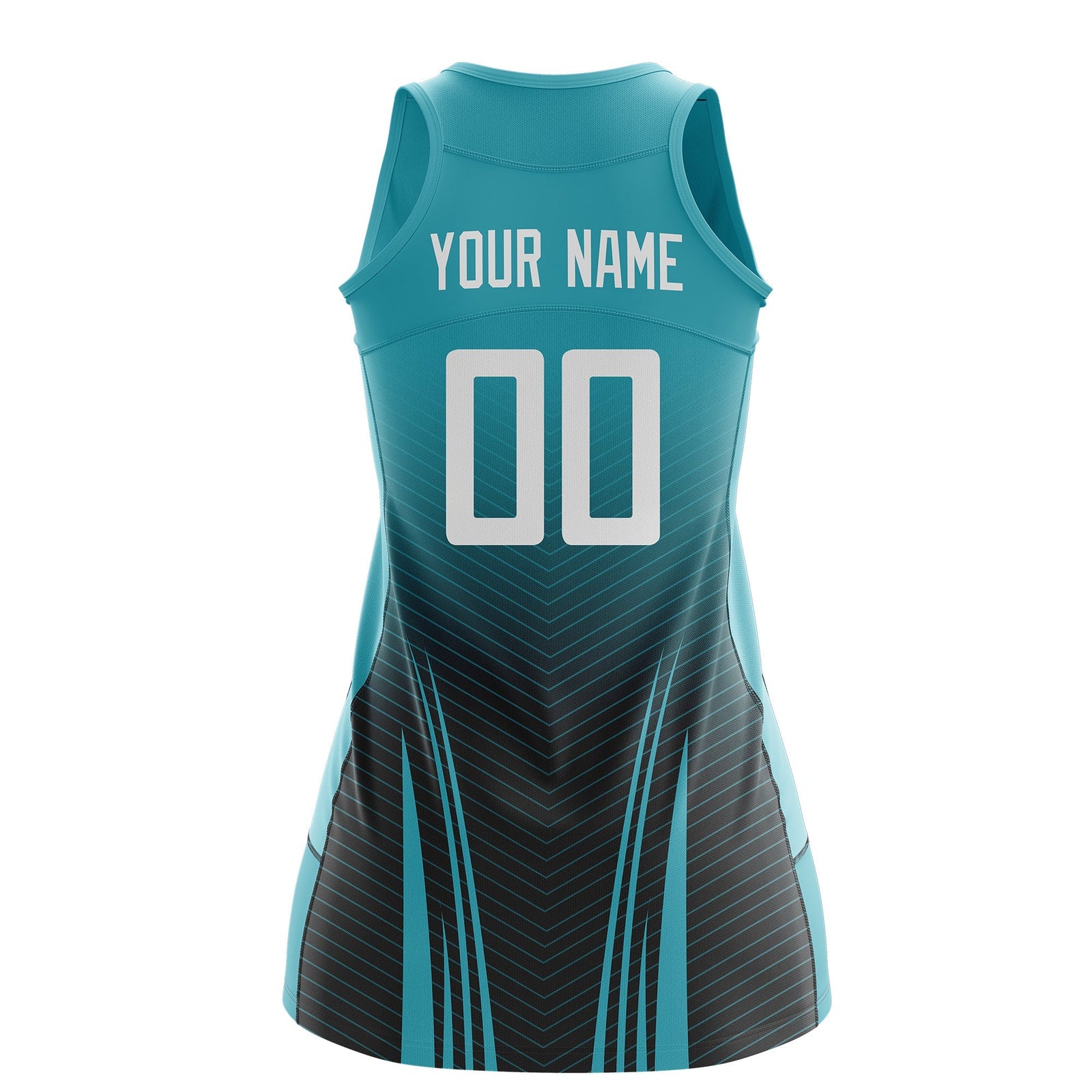 Custom Women Netball Dress | Aqua Black V-Shaped Pinstripes Uniform with Name & Number