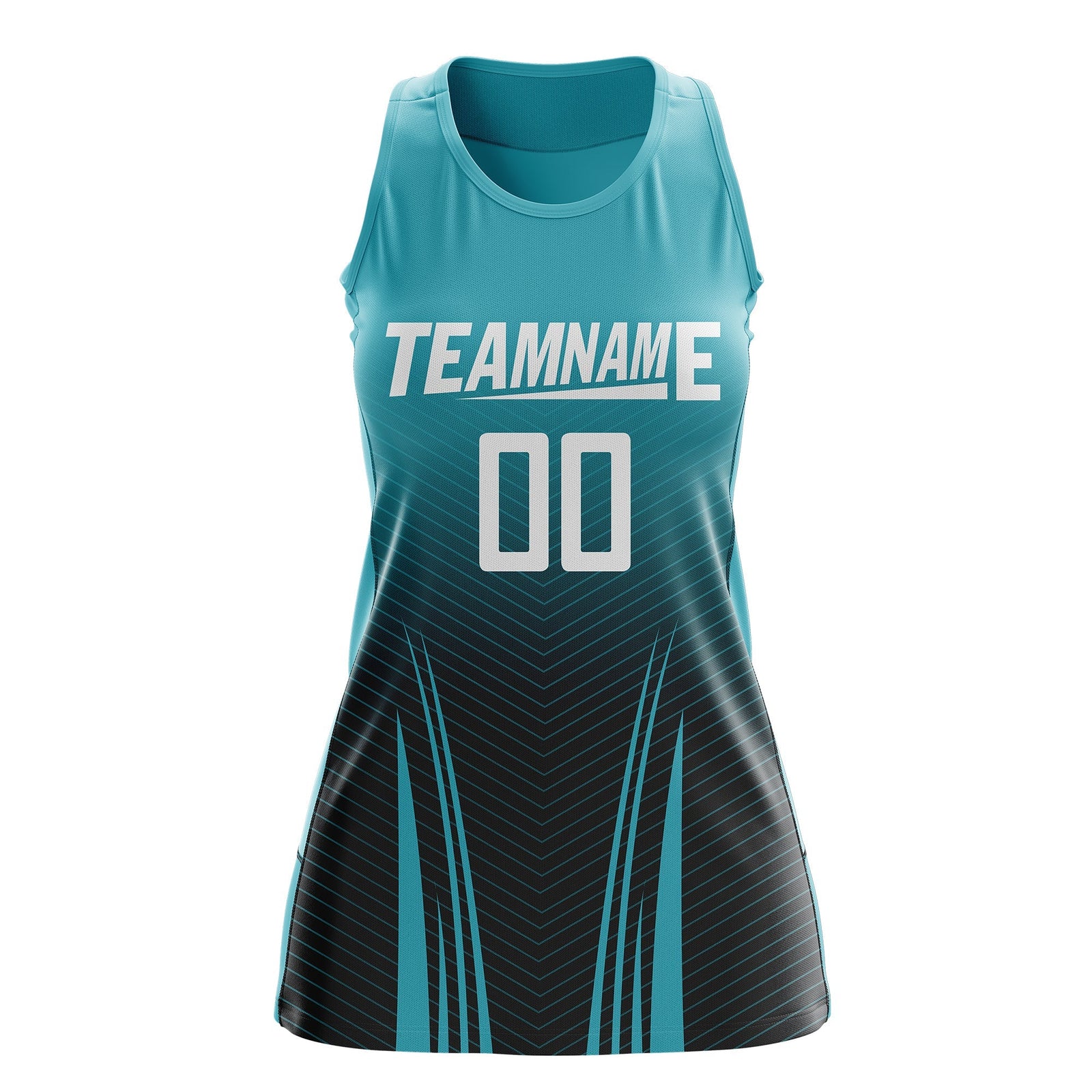Custom Women Netball Dress | Aqua Black V-Shaped Pinstripes Uniform with Name & Number