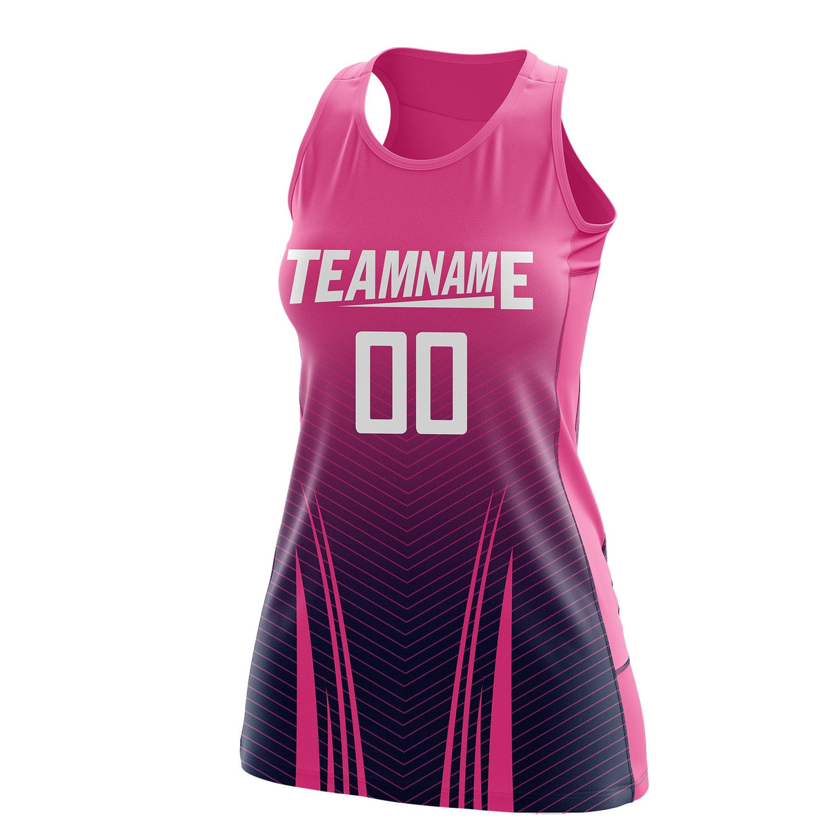 Custom Netball Dress | Rose Red Navy V-Shaped Pinstripes Gradient Team Uniform