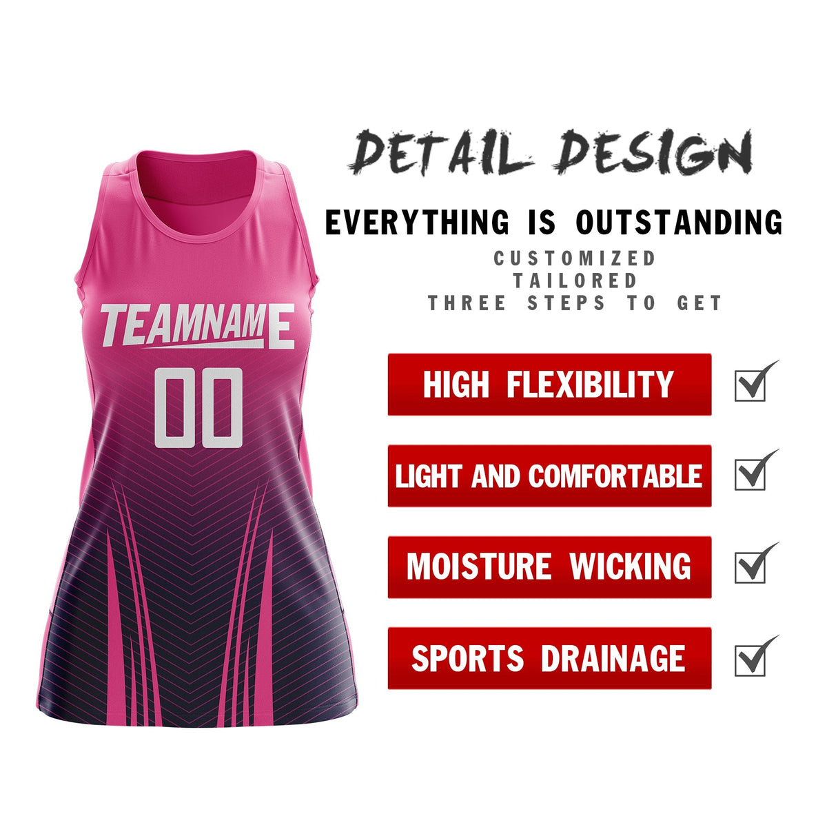 Custom Netball Dress | Rose Red Navy V-Shaped Pinstripes Gradient Team Uniform