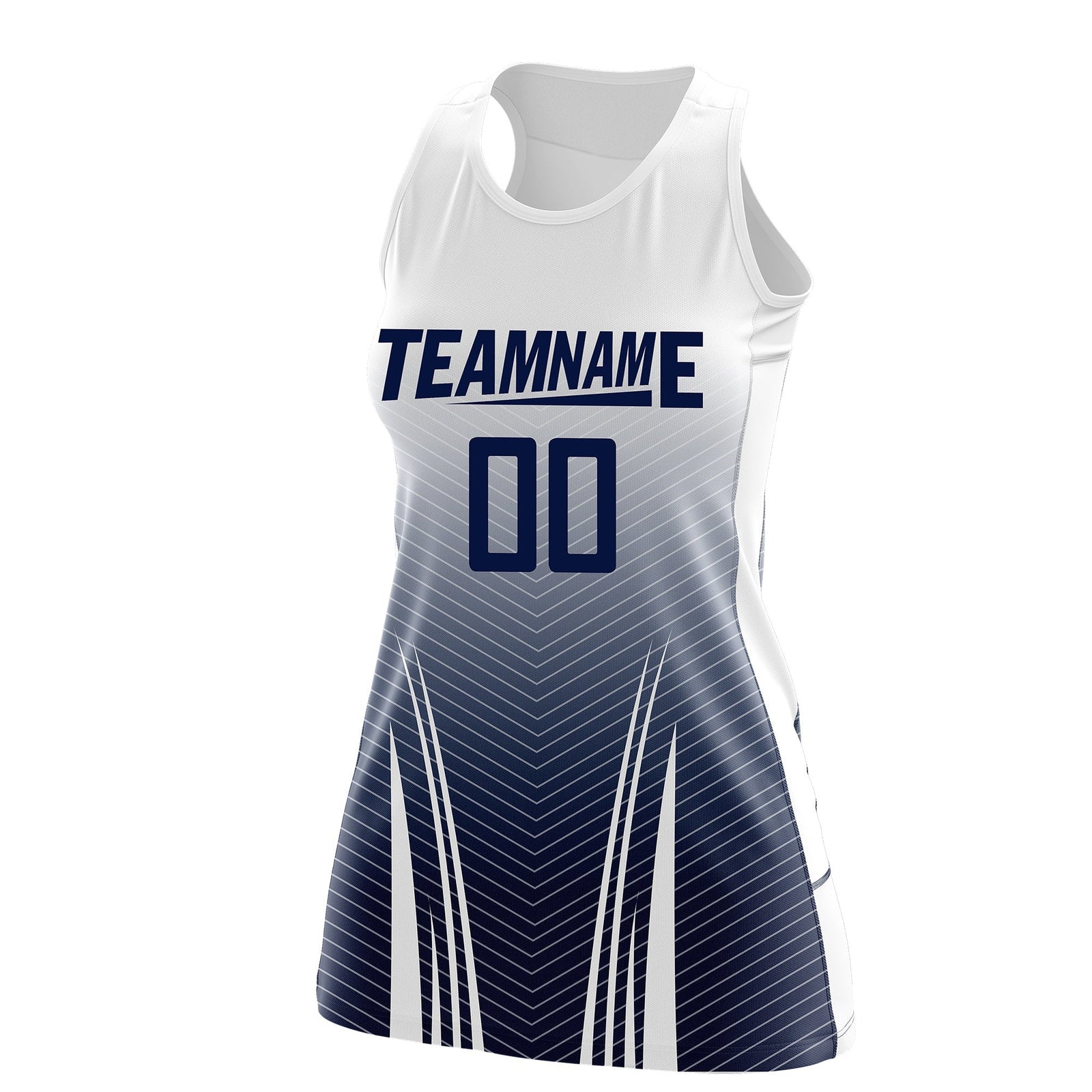 Custom Netball Dress White Navy for Women with V-Shaped Pinstripes Personalized Team Uniform