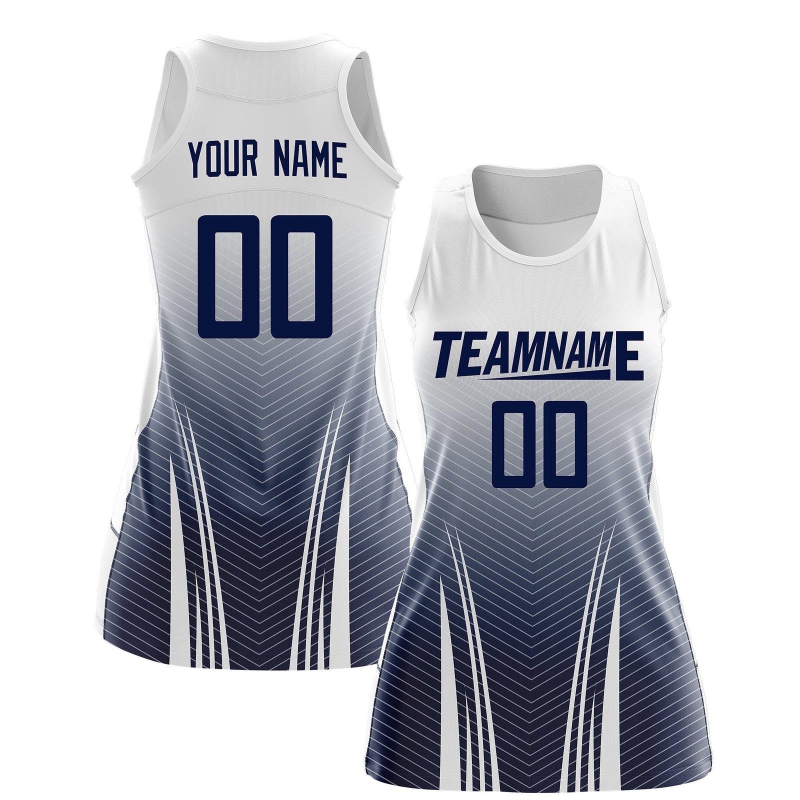 Custom Netball Dress White Navy for Women with V-Shaped Pinstripes Personalized Team Uniform