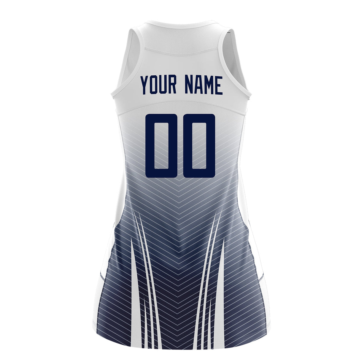 Custom Netball Dress White Navy for Women with V-Shaped Pinstripes Personalized Team Uniform