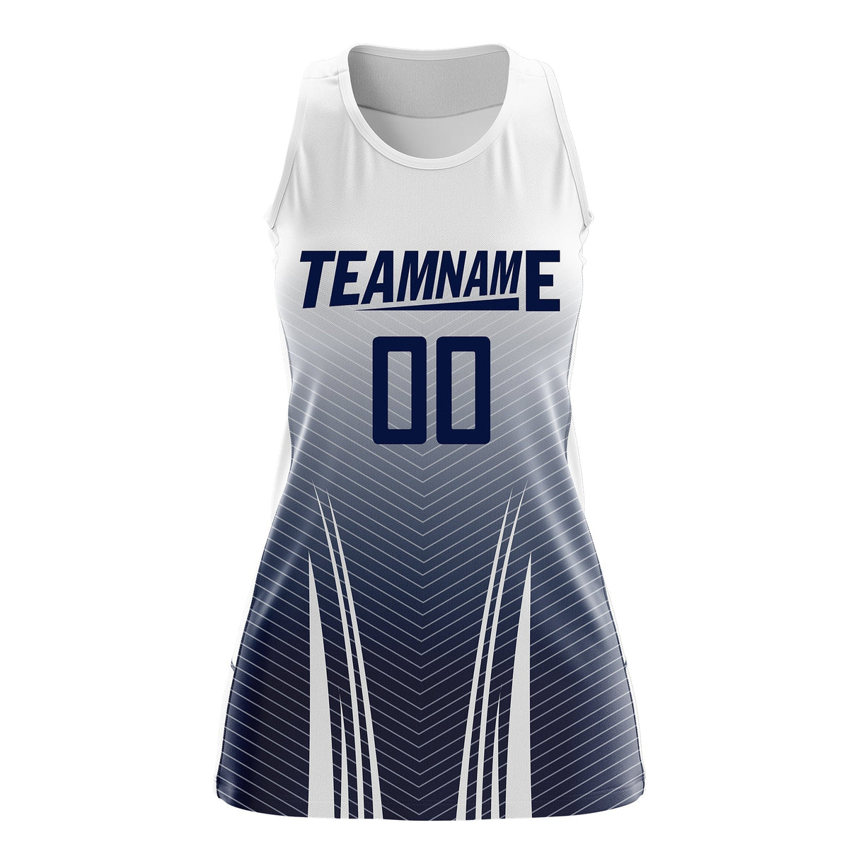 Custom Netball Dress White Navy for Women with V-Shaped Pinstripes Personalized Team Uniform