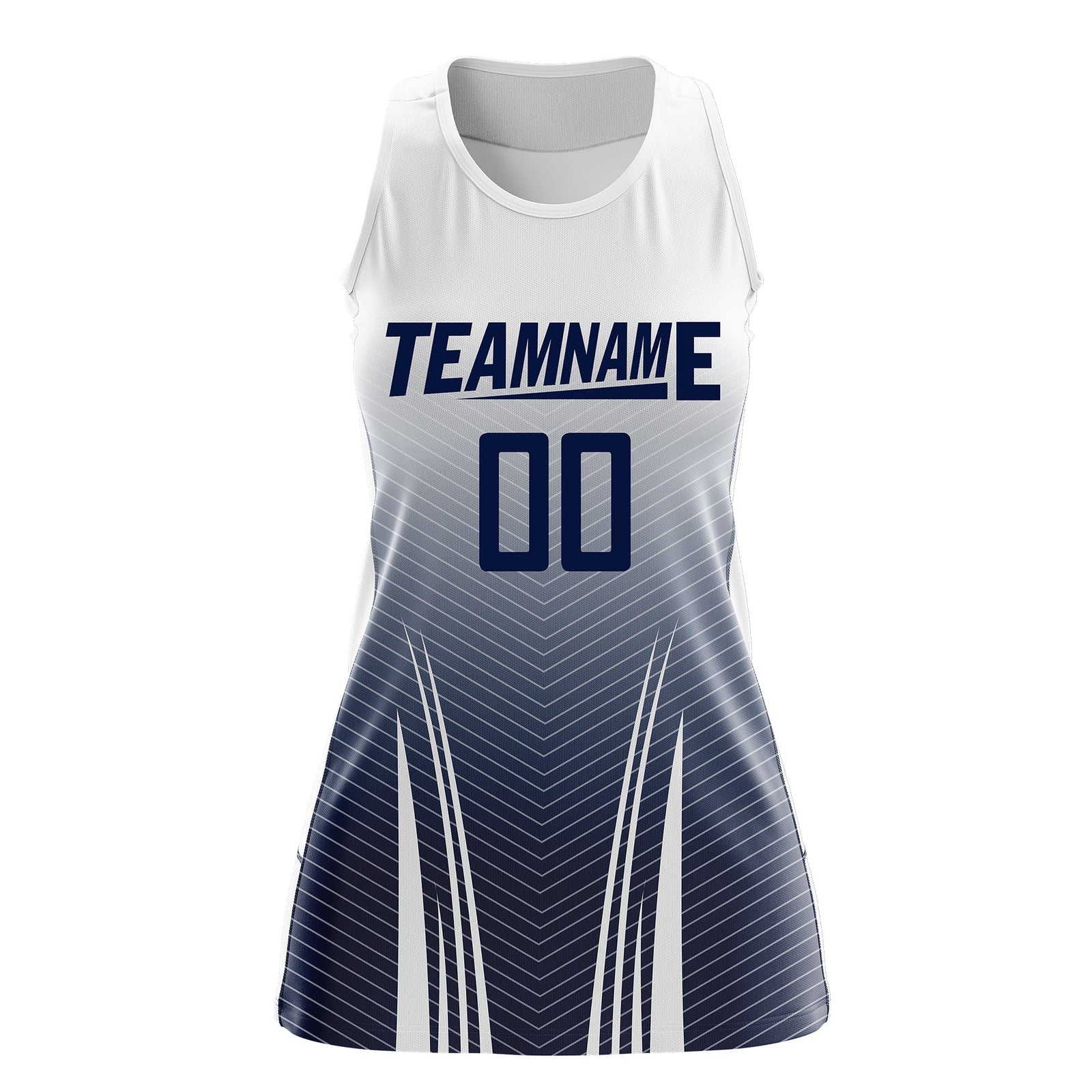 Custom Netball Dress White Navy for Women with V-Shaped Pinstripes Personalized Team Uniform