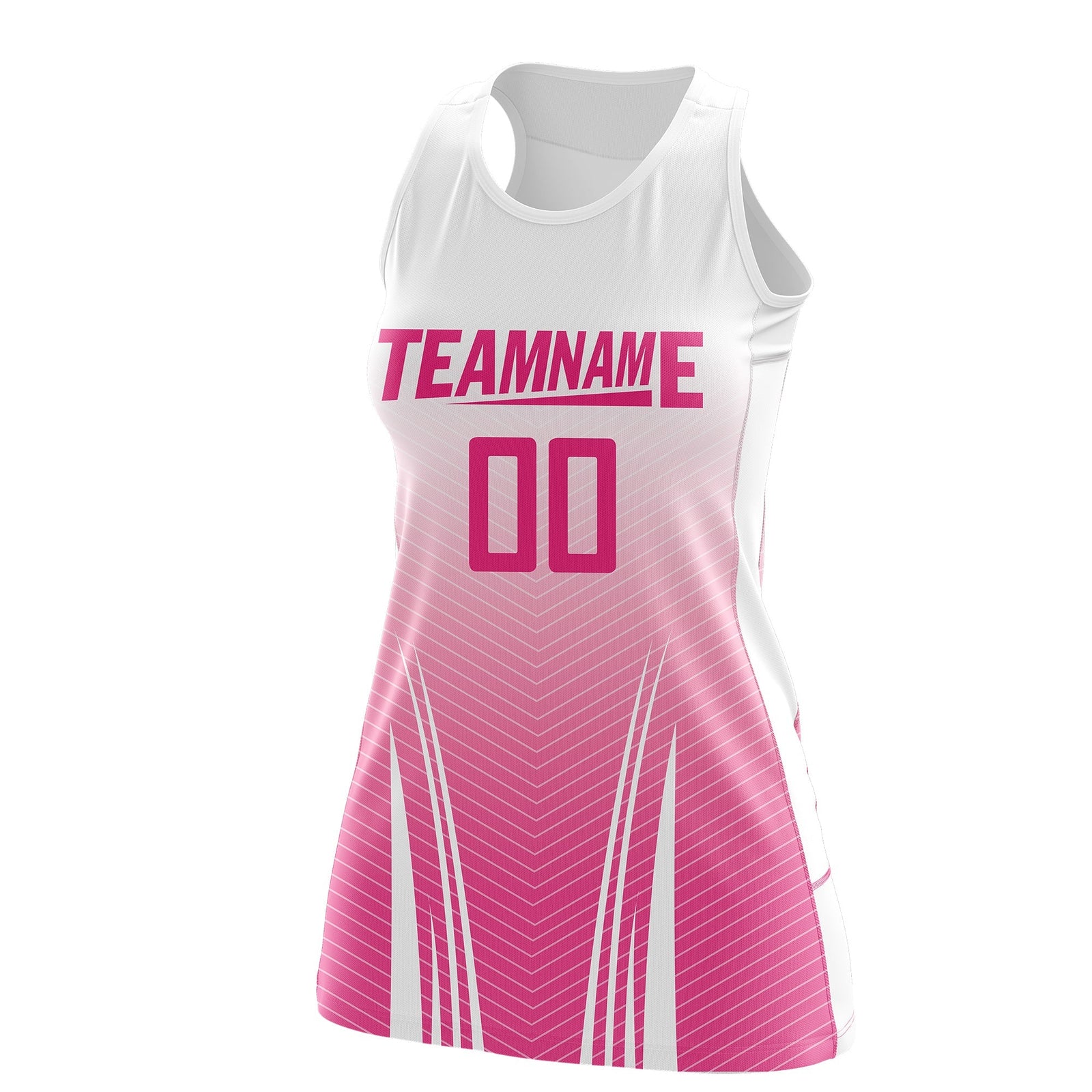 Custom Women Netball Dress | White Pink V-Shaped Pinstripes Uniform with Name & Number