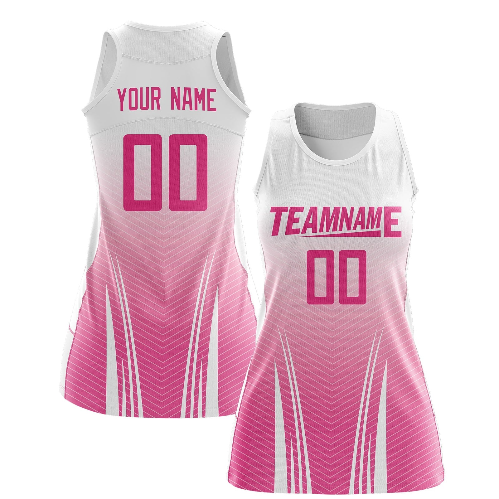 Custom Women Netball Dress | White Pink V-Shaped Pinstripes Uniform with Name & Number