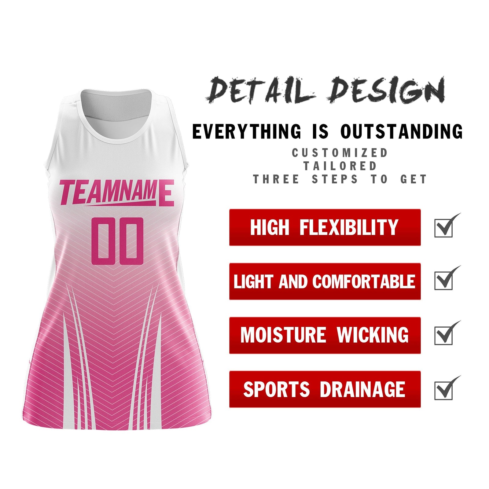 Custom Women Netball Dress | White Pink V-Shaped Pinstripes Uniform with Name & Number