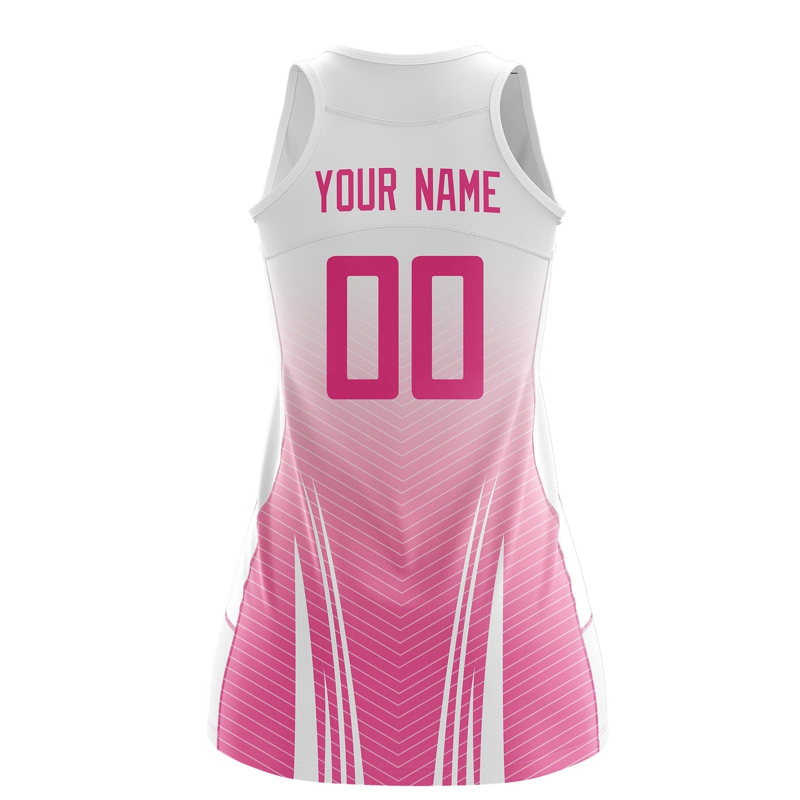 Custom Women Netball Dress | White Pink V-Shaped Pinstripes Uniform with Name & Number