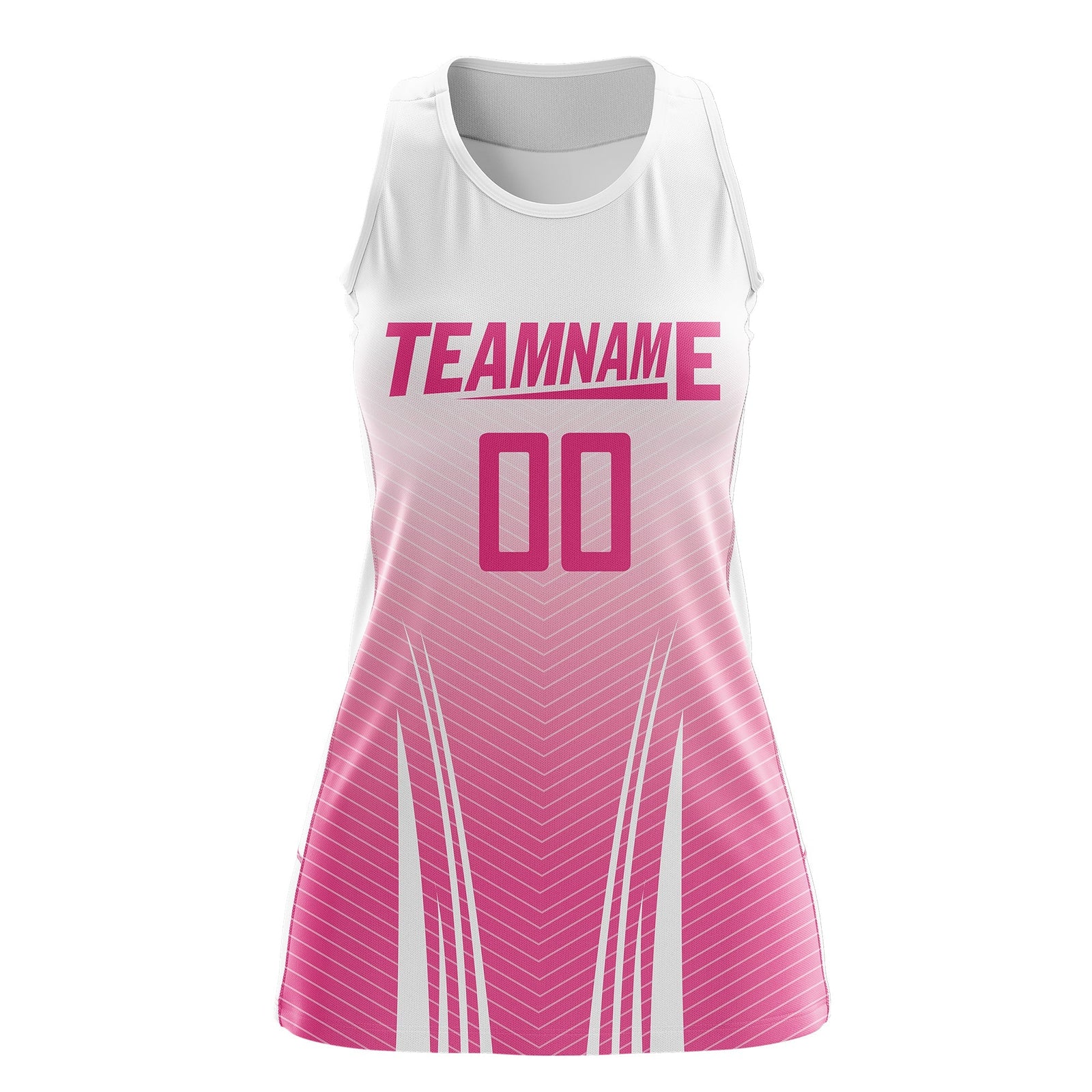 Custom Women Netball Dress | White Pink V-Shaped Pinstripes Uniform with Name & Number