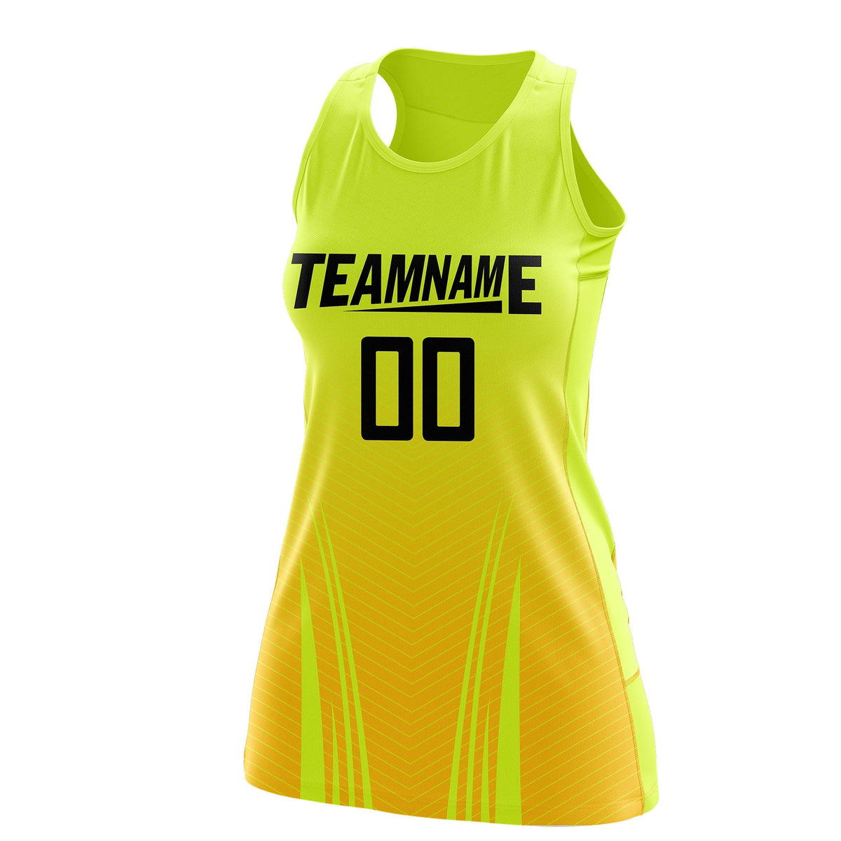 Custom Netball Dress Fluorescent Green Gold for Women with V-Shaped Pinstripes Personalized Team Uniform