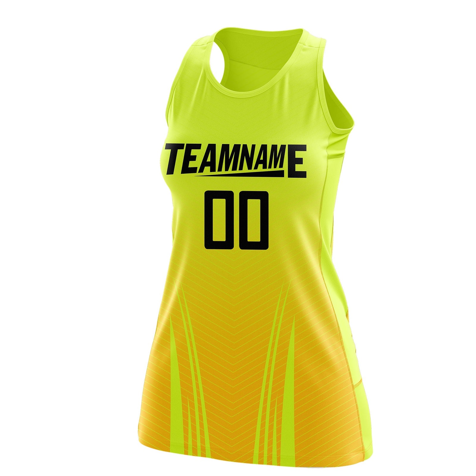 Custom Netball Dress Fluorescent Green Gold for Women with V-Shaped Pinstripes Personalized Team Uniform