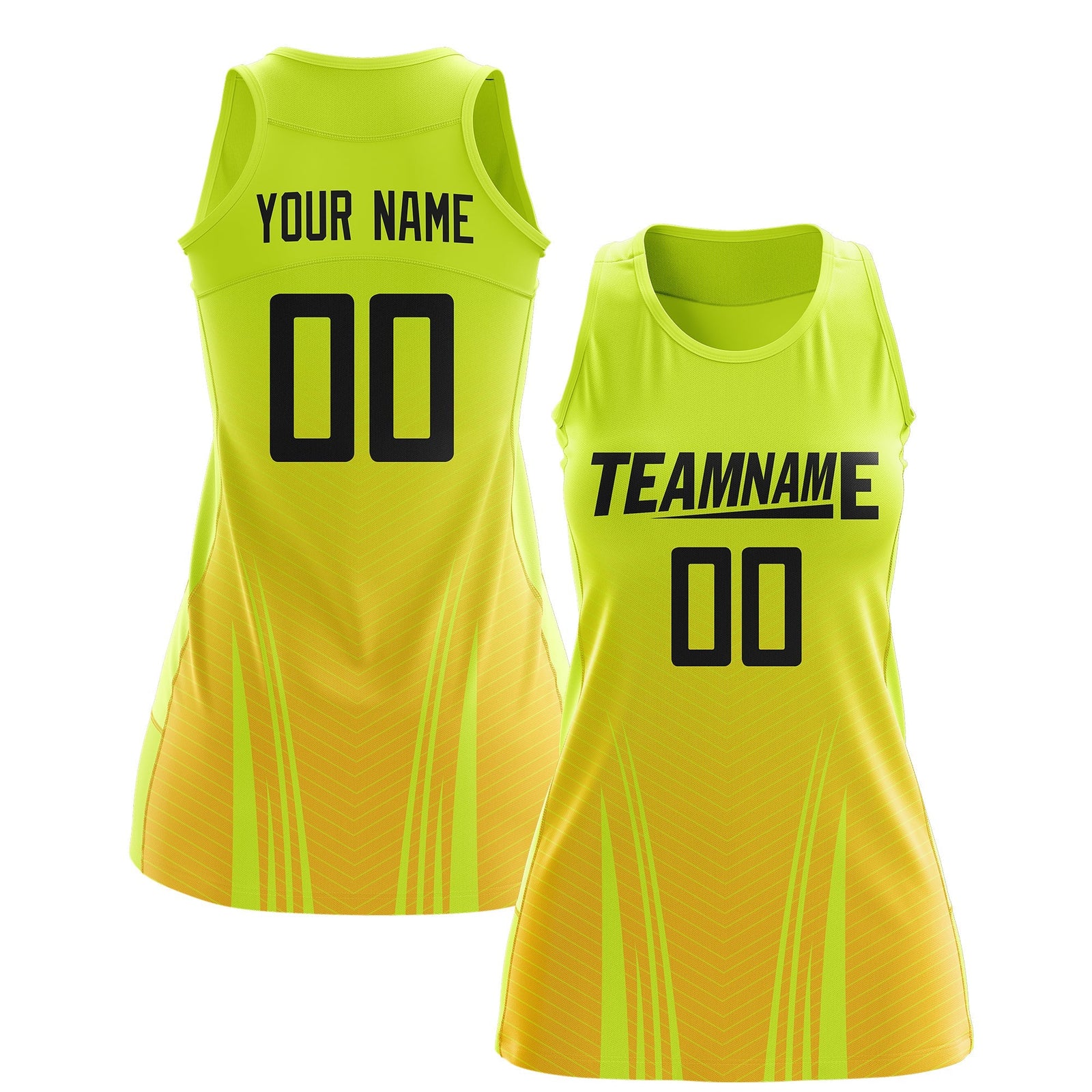 Custom Netball Dress Fluorescent Green Gold for Women with V-Shaped Pinstripes Personalized Team Uniform