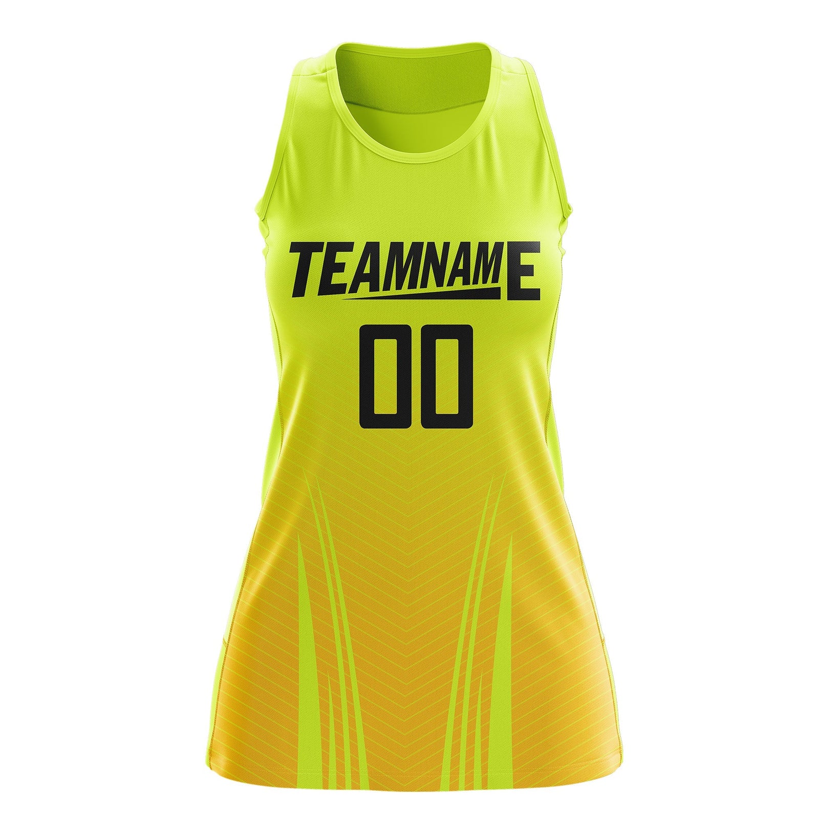 Custom Netball Dress Fluorescent Green Gold for Women with V-Shaped Pinstripes Personalized Team Uniform