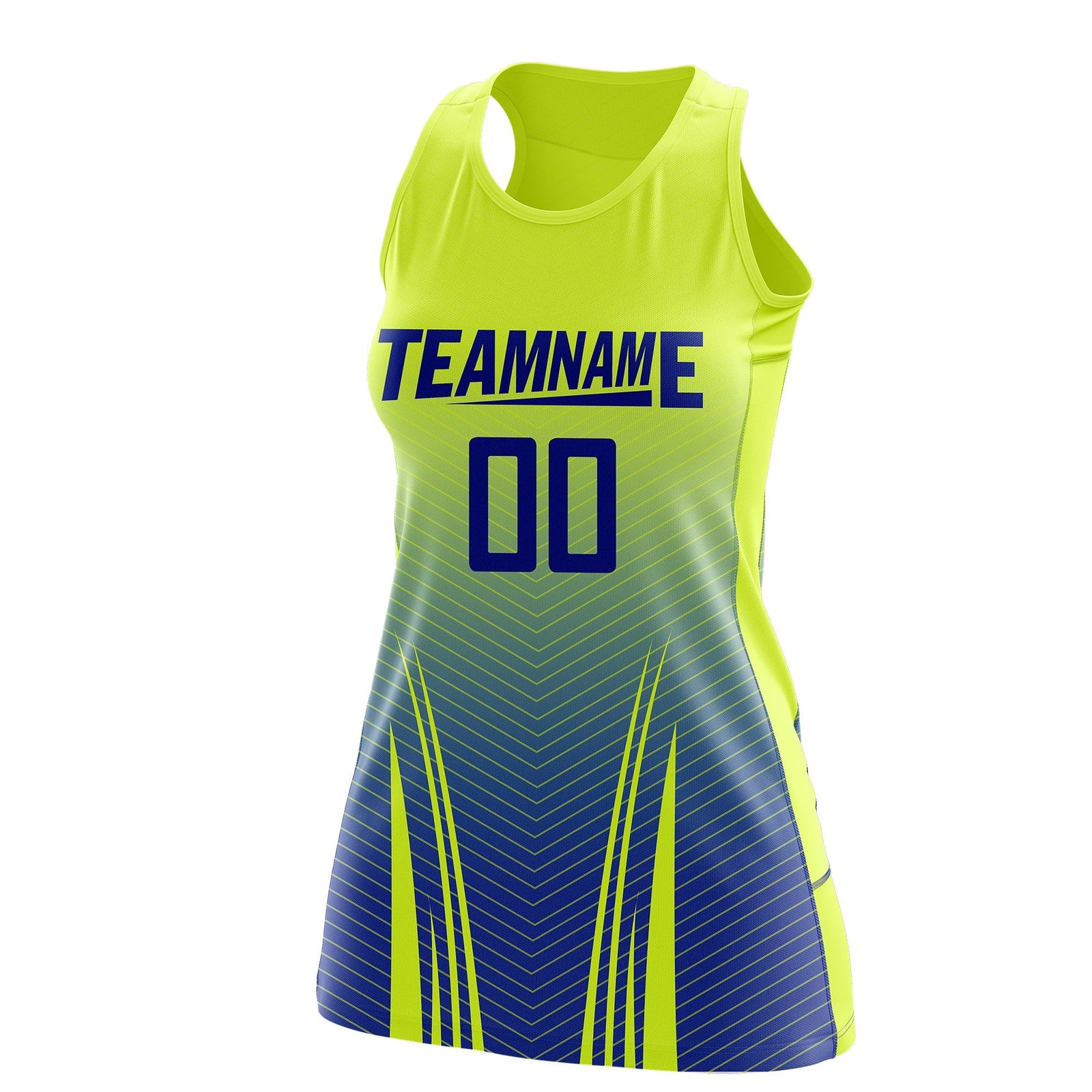 Custom Women Netball Dress | Fluorescent Green Royal Blue V-Shaped Pinstripes Uniform with Name & Number