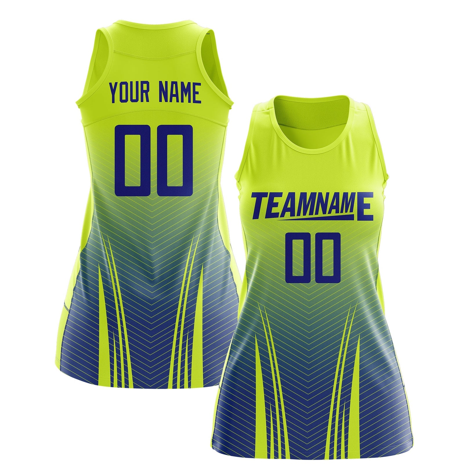 Custom Women Netball Dress | Fluorescent Green Royal Blue V-Shaped Pinstripes Uniform with Name & Number