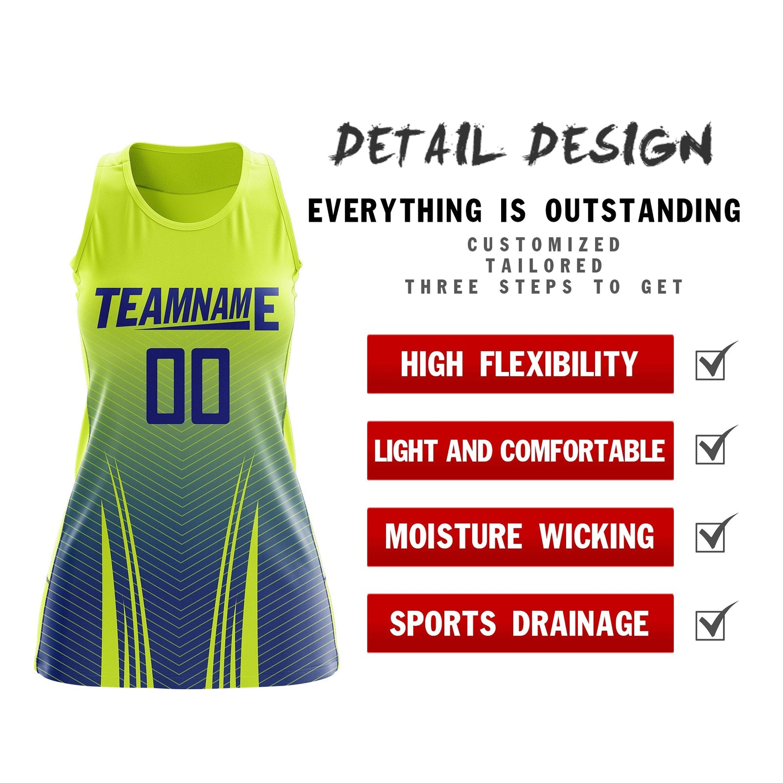 Custom Women Netball Dress | Fluorescent Green Royal Blue V-Shaped Pinstripes Uniform with Name & Number