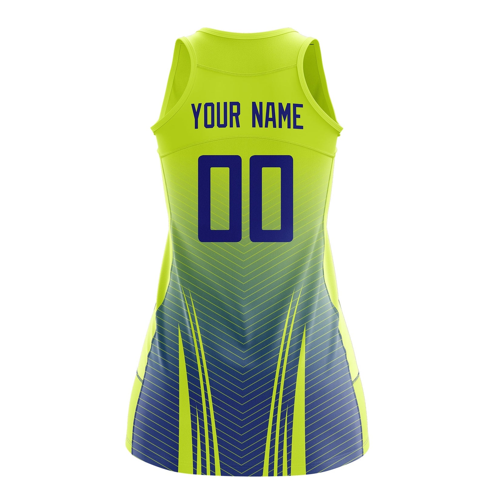 Custom Women Netball Dress | Fluorescent Green Royal Blue V-Shaped Pinstripes Uniform with Name & Number