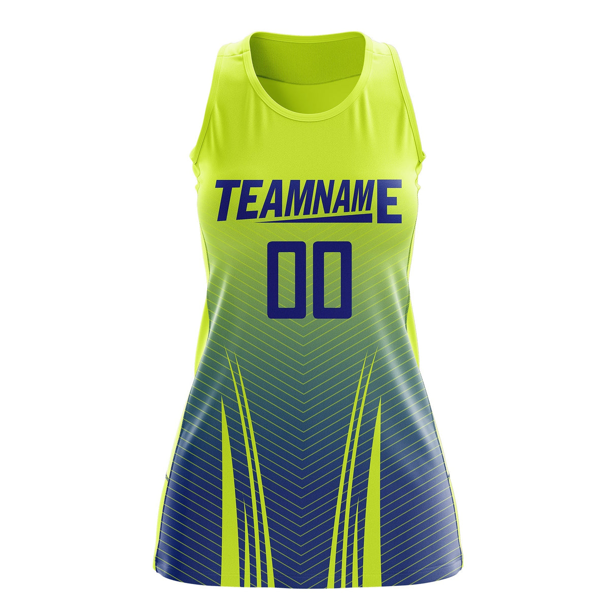 Custom Women Netball Dress | Fluorescent Green Royal Blue V-Shaped Pinstripes Uniform with Name &amp; Number