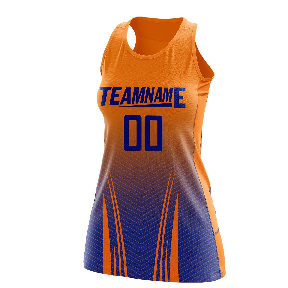 Custom Netball Dress | Orange Royal Blue V-Shaped Pinstripes Gradient Team Uniform