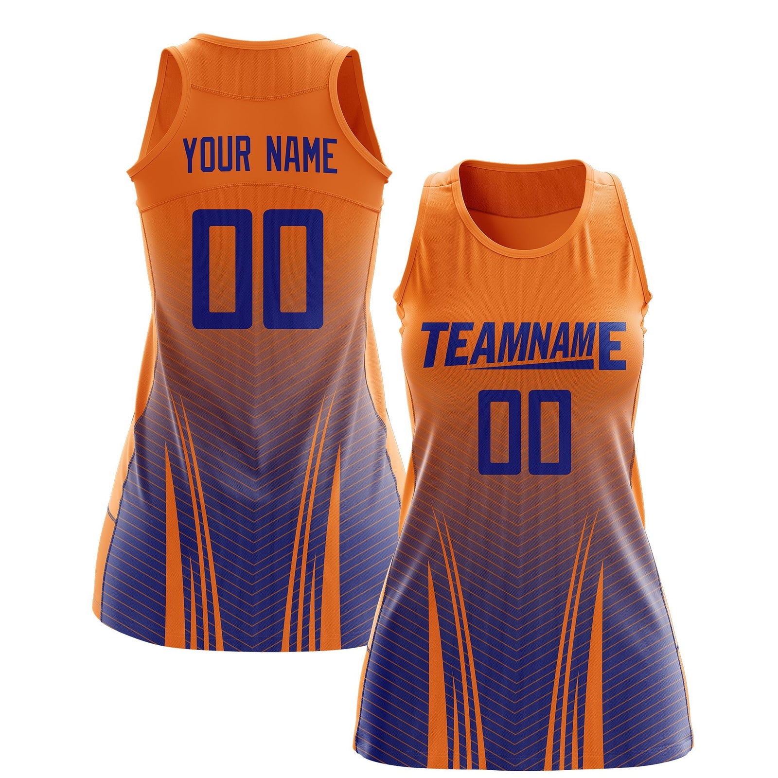 Custom Netball Dress | Orange Royal Blue V-Shaped Pinstripes Gradient Team Uniform