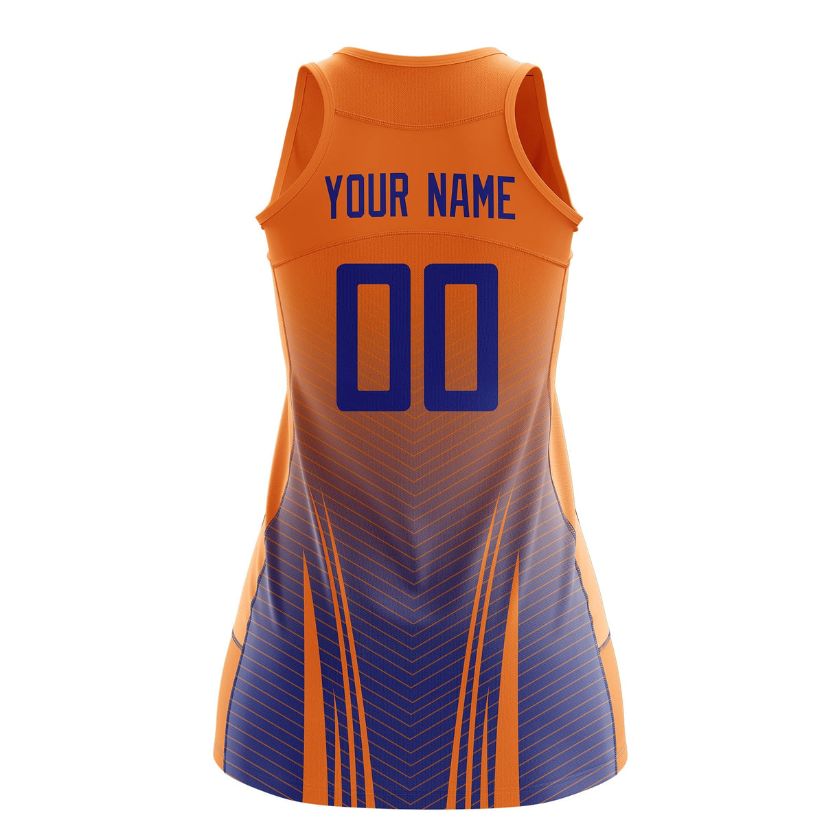 Custom Netball Dress | Orange Royal Blue V-Shaped Pinstripes Gradient Team Uniform