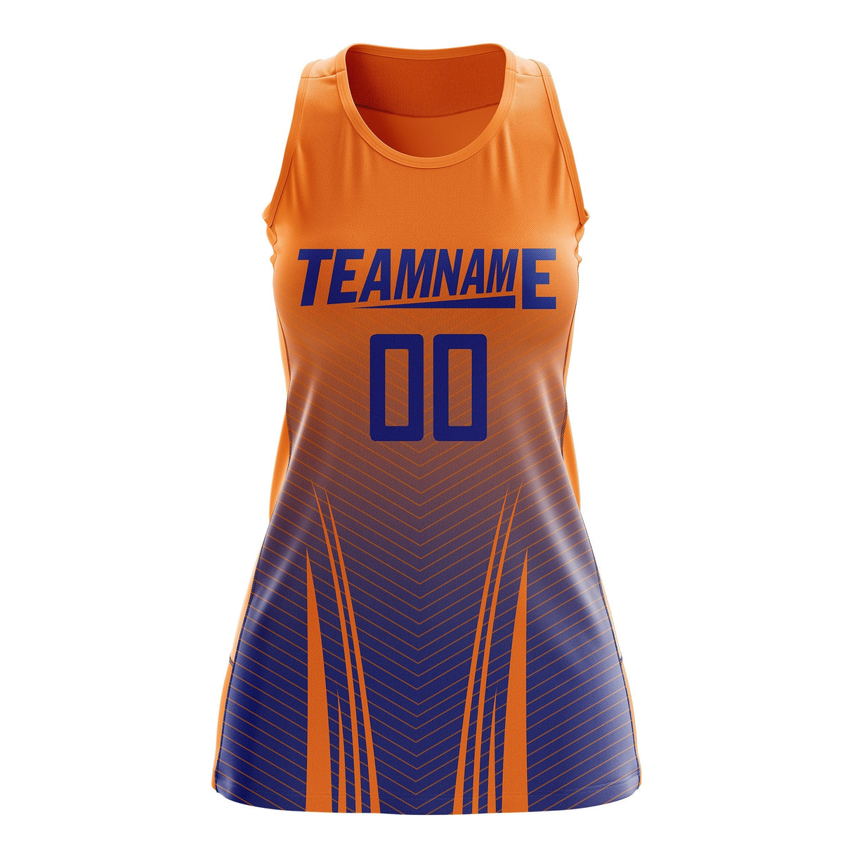 Custom Netball Dress | Orange Royal Blue V-Shaped Pinstripes Gradient Team Uniform