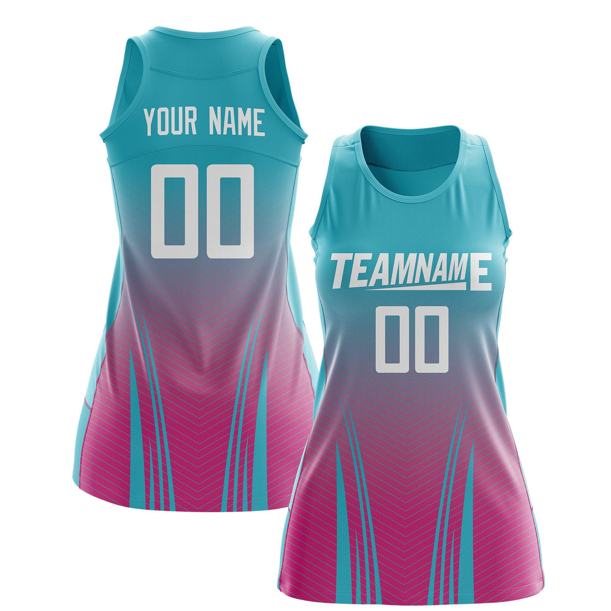 Custom Netball Dress Aqua Rose Red for Women with V-Shaped Pinstripes Personalized Team Uniform