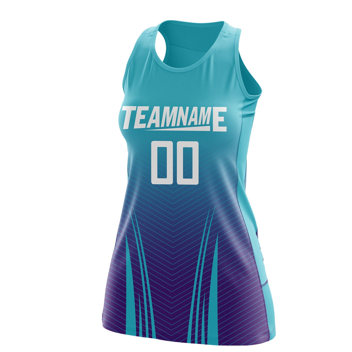 Custom Women Netball Dress | Aqua Purple V-Shaped Pinstripes Uniform with Name &amp; Number