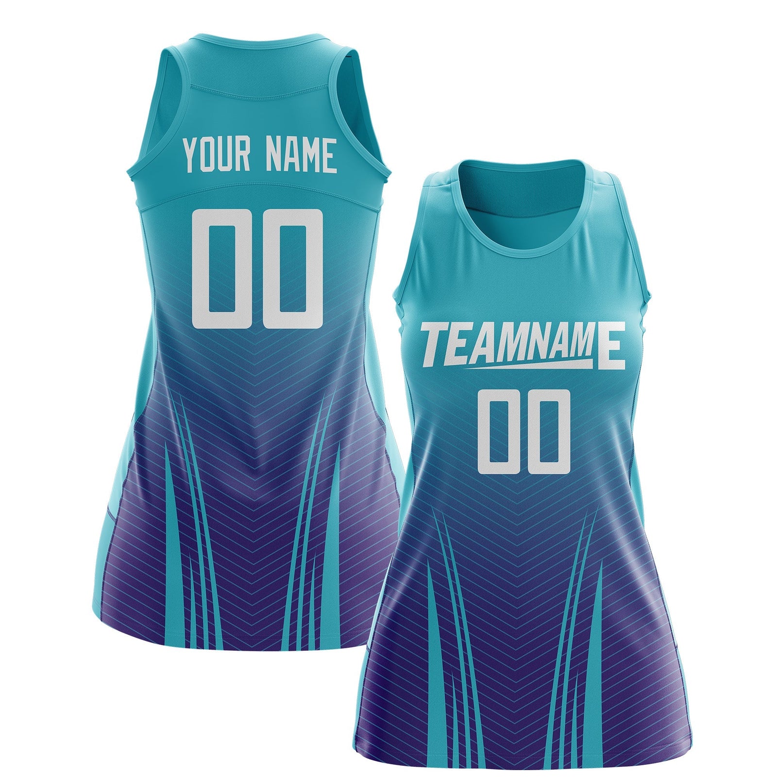 Custom Women Netball Dress | Aqua Purple V-Shaped Pinstripes Uniform with Name & Number