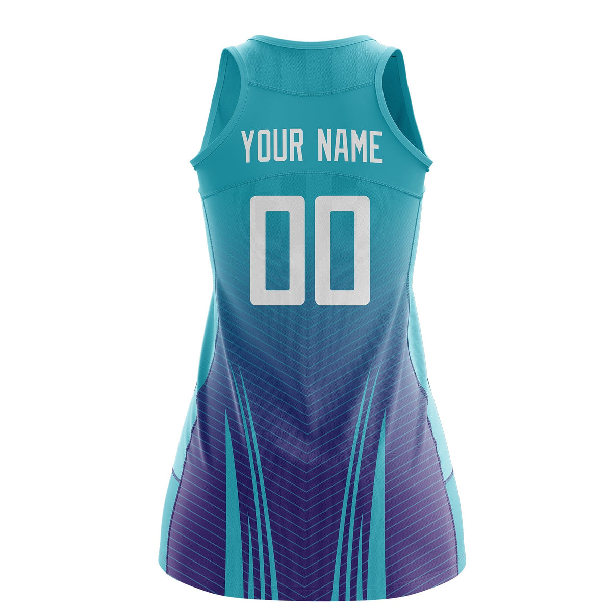Custom Women Netball Dress | Aqua Purple V-Shaped Pinstripes Uniform with Name &amp; Number