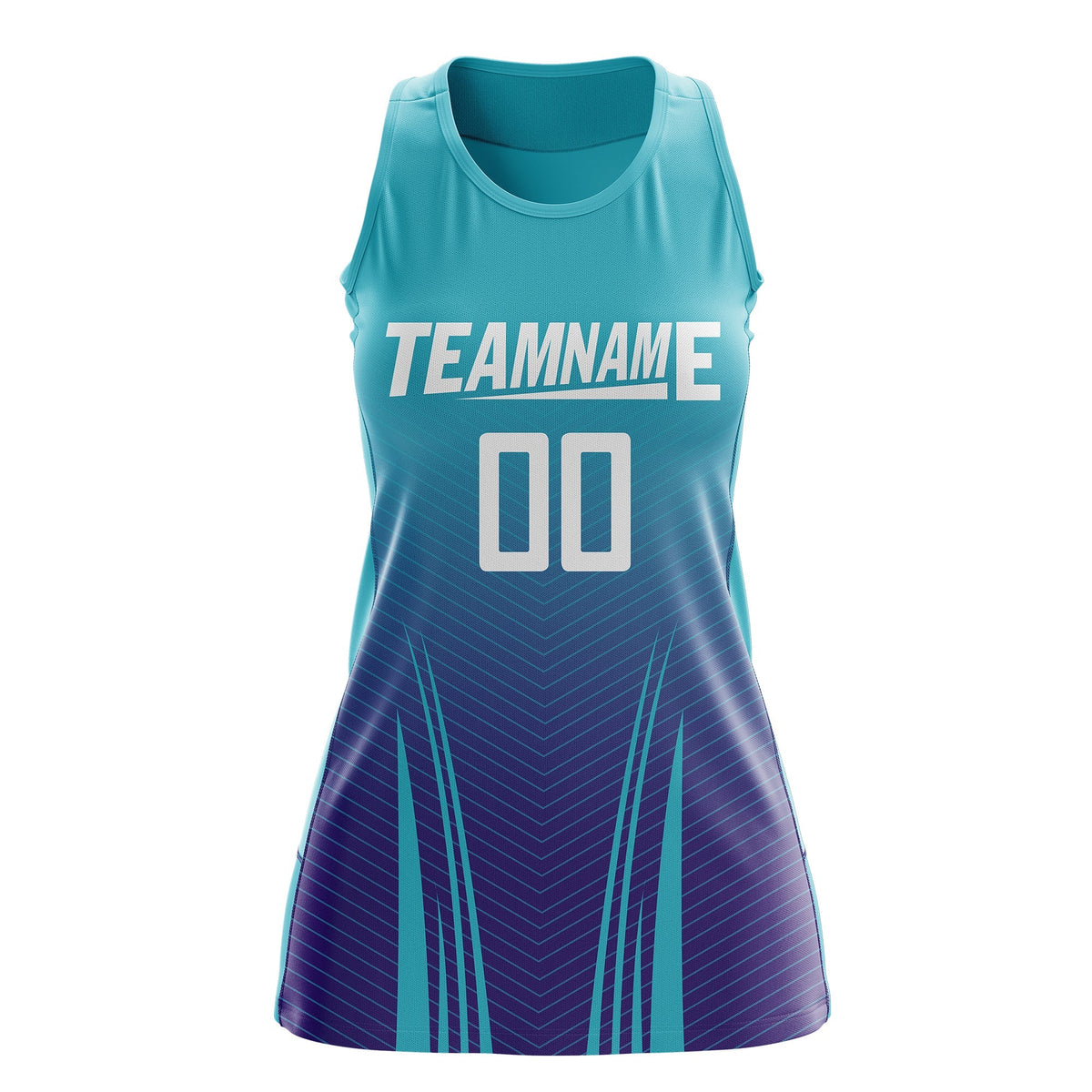 Custom Women Netball Dress | Aqua Purple V-Shaped Pinstripes Uniform with Name &amp; Number