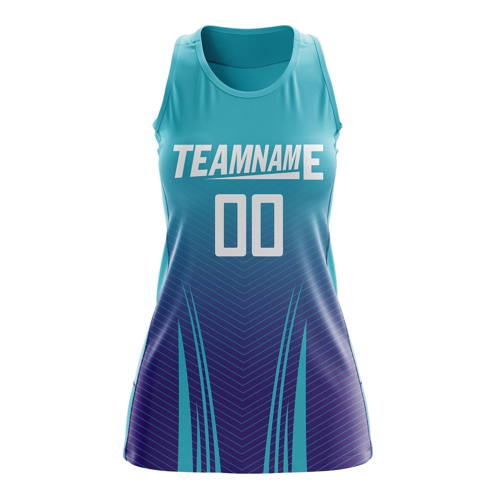Custom Women Netball Dress | Aqua Purple V-Shaped Pinstripes Uniform with Name & Number