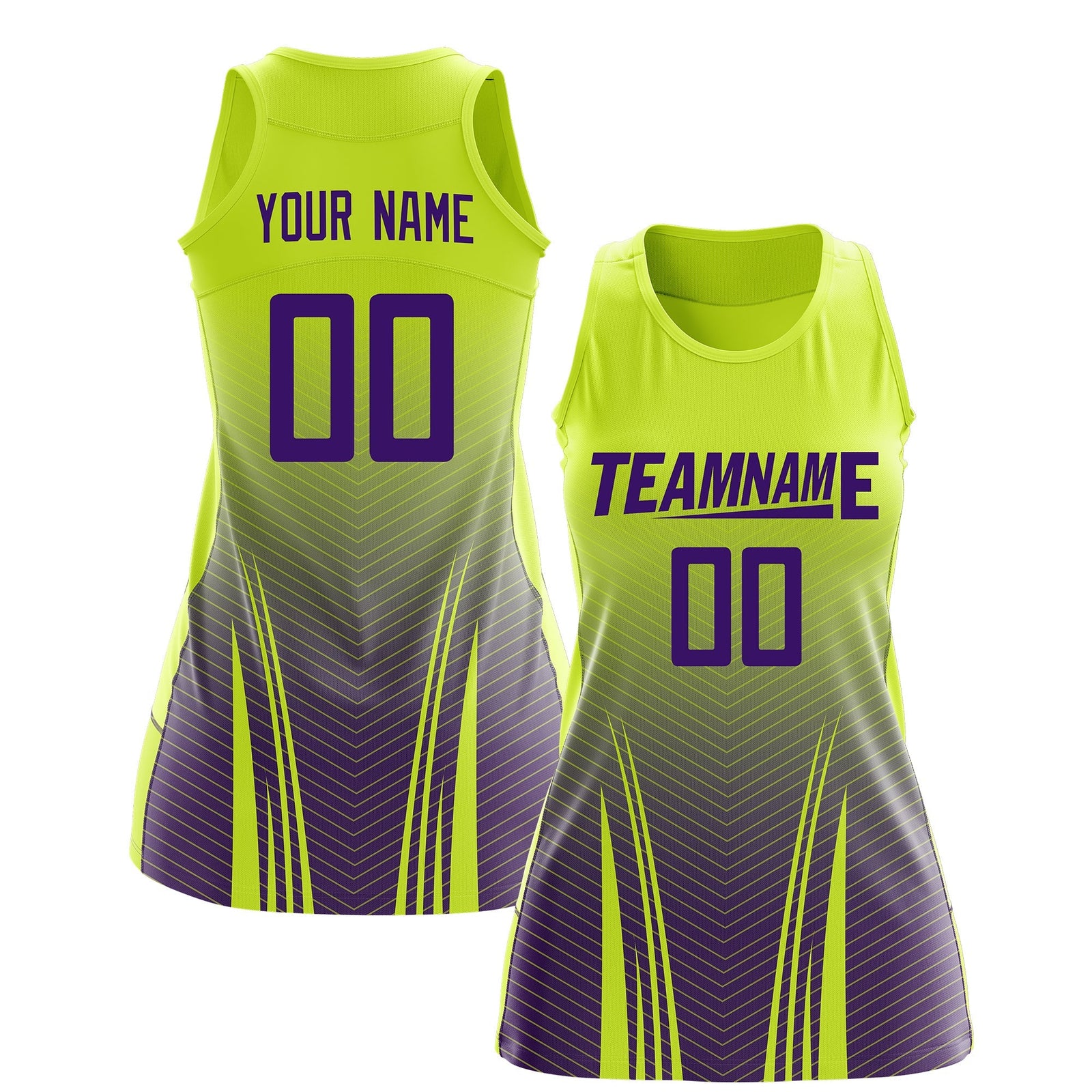 Custom Netball Dress | Fluorescent Green Purple V-Shaped Pinstripes Gradient Team Uniform