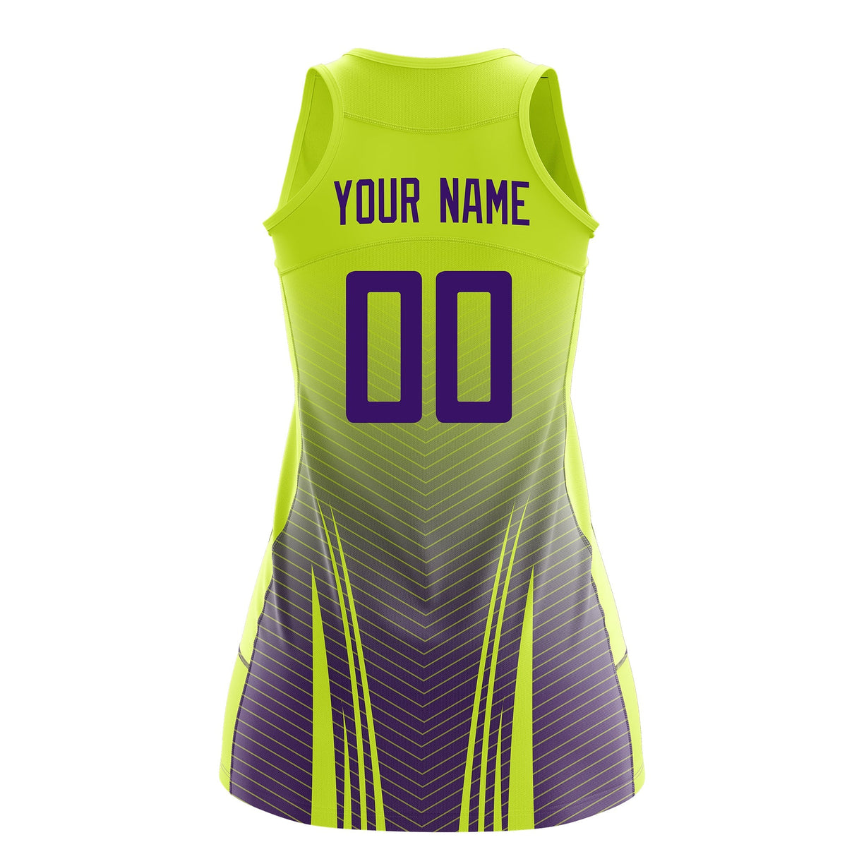 Custom Netball Dress | Fluorescent Green Purple V-Shaped Pinstripes Gradient Team Uniform