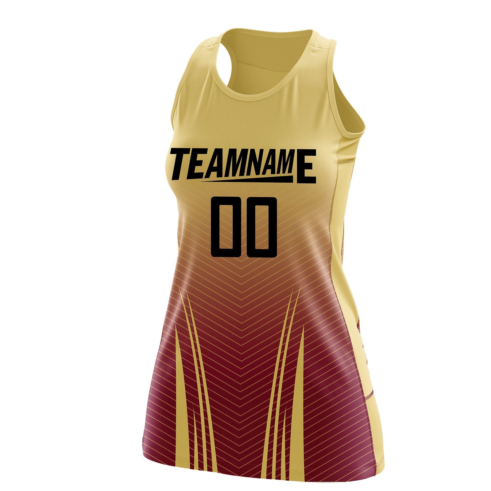 Custom Women Netball Dress | Khaki Crimson V-Shaped Pinstripes Uniform with Name & Number