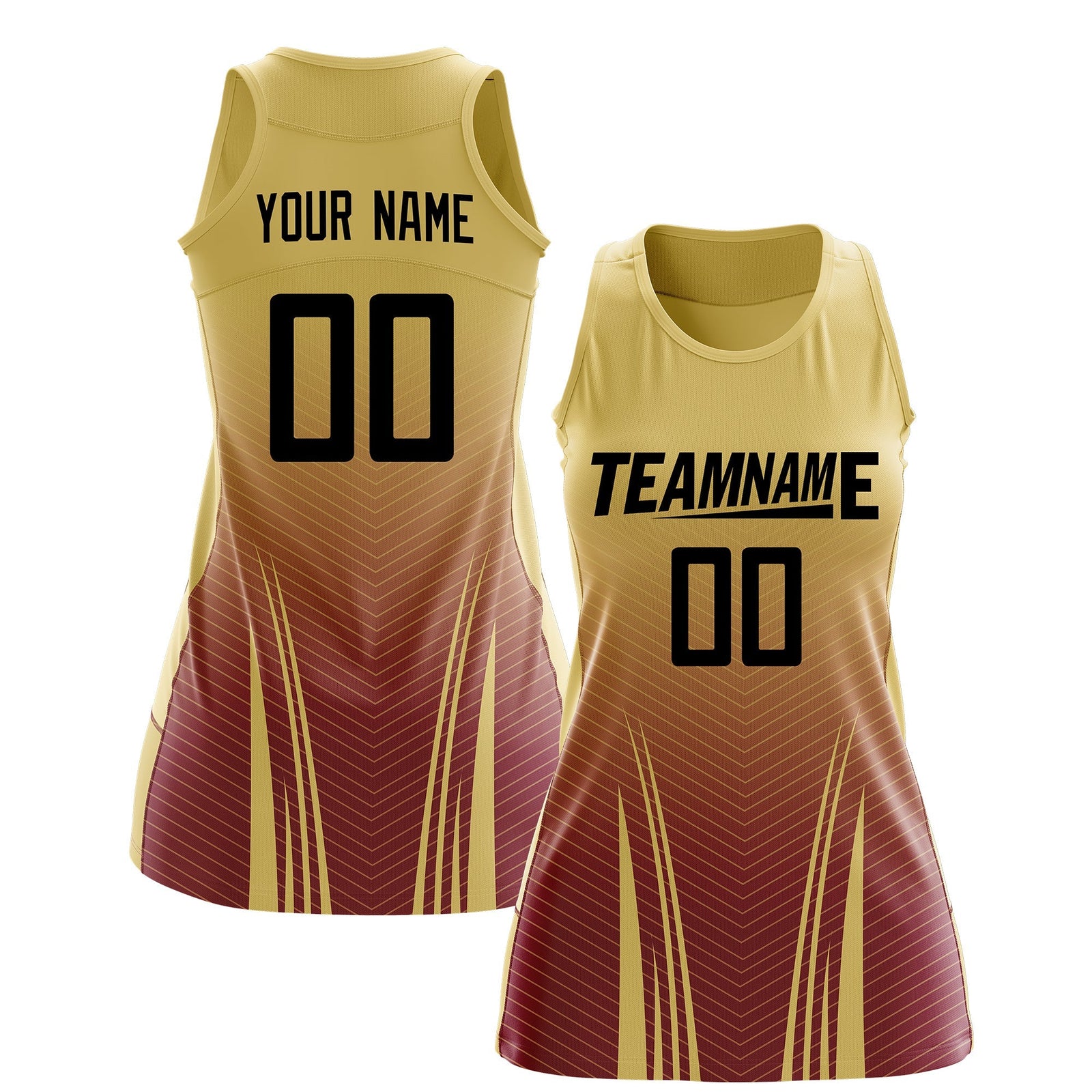 Custom Women Netball Dress | Khaki Crimson V-Shaped Pinstripes Uniform with Name & Number
