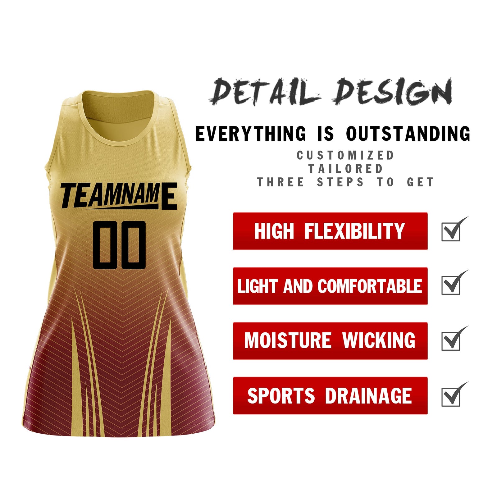 Custom Women Netball Dress | Khaki Crimson V-Shaped Pinstripes Uniform with Name & Number