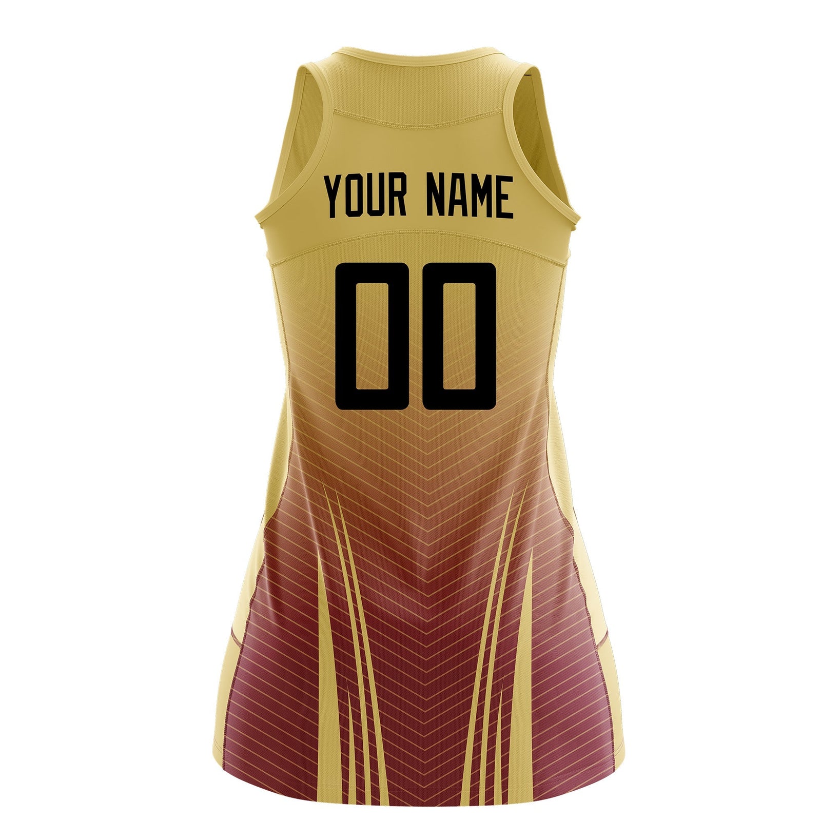 Custom Women Netball Dress | Khaki Crimson V-Shaped Pinstripes Uniform with Name & Number