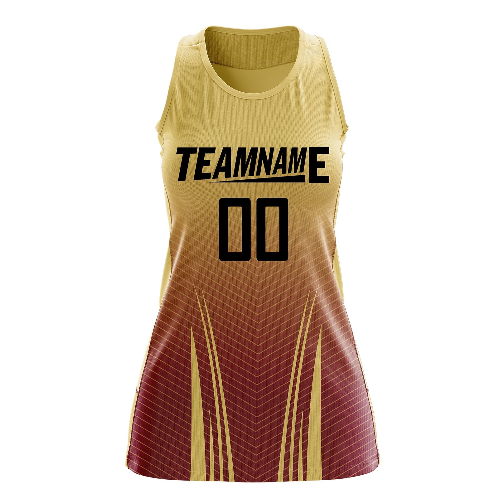 Custom Women Netball Dress | Khaki Crimson V-Shaped Pinstripes Uniform with Name & Number