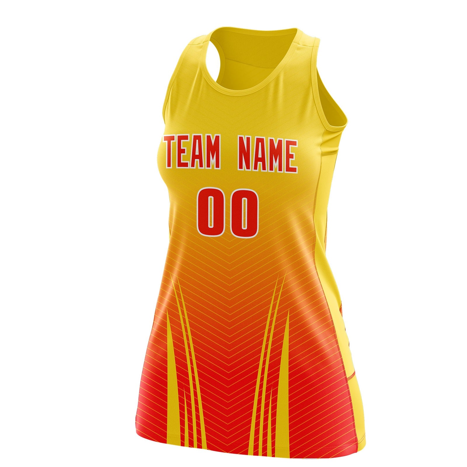 Custom Women Netball Dress | Gold Orange V-Shaped Pinstripes Uniform with Name & Number