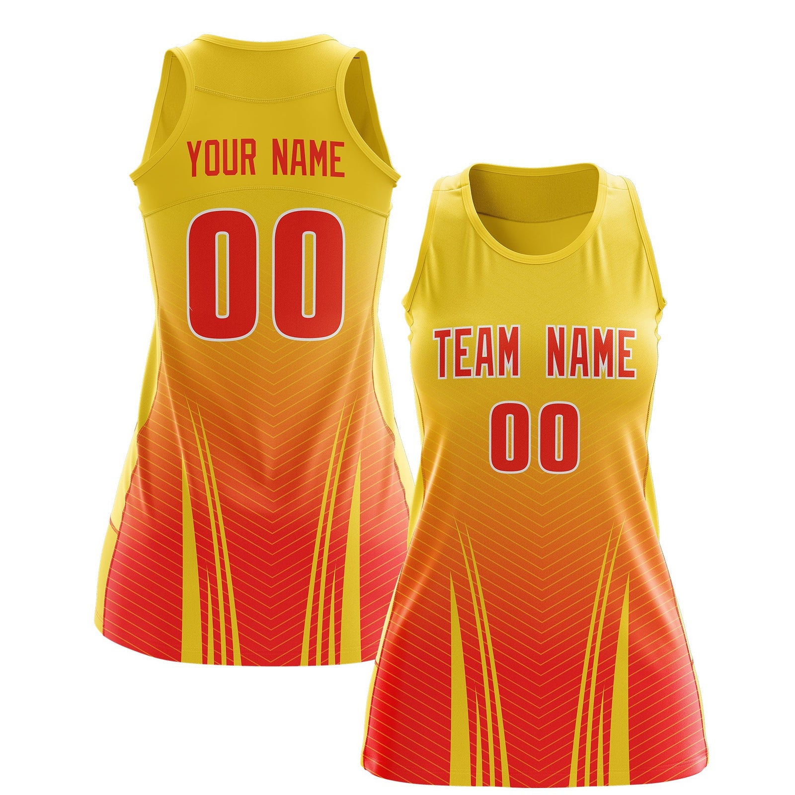 Custom Women Netball Dress | Gold Orange V-Shaped Pinstripes Uniform with Name & Number