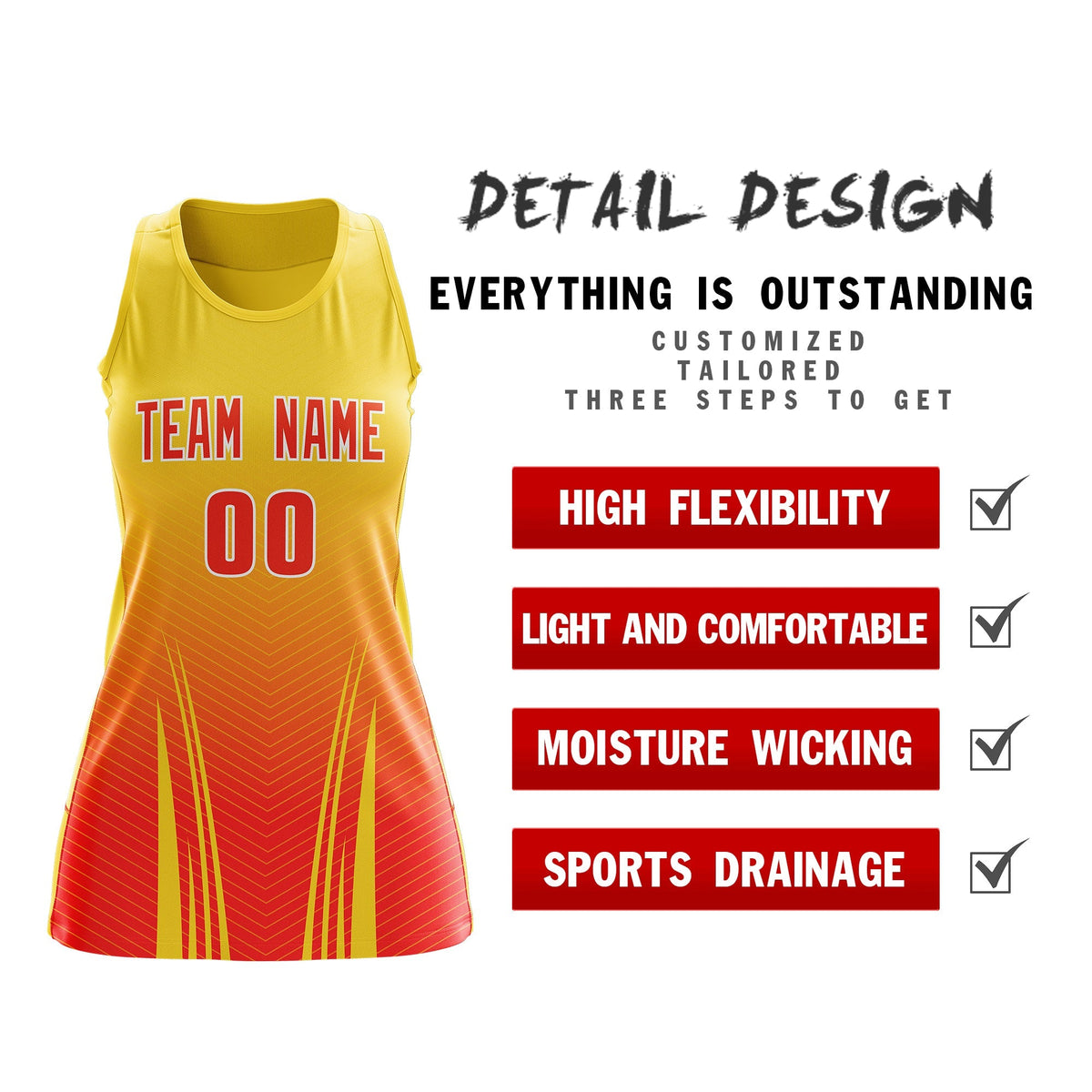 Custom Women Netball Dress | Gold Orange V-Shaped Pinstripes Uniform with Name &amp; Number