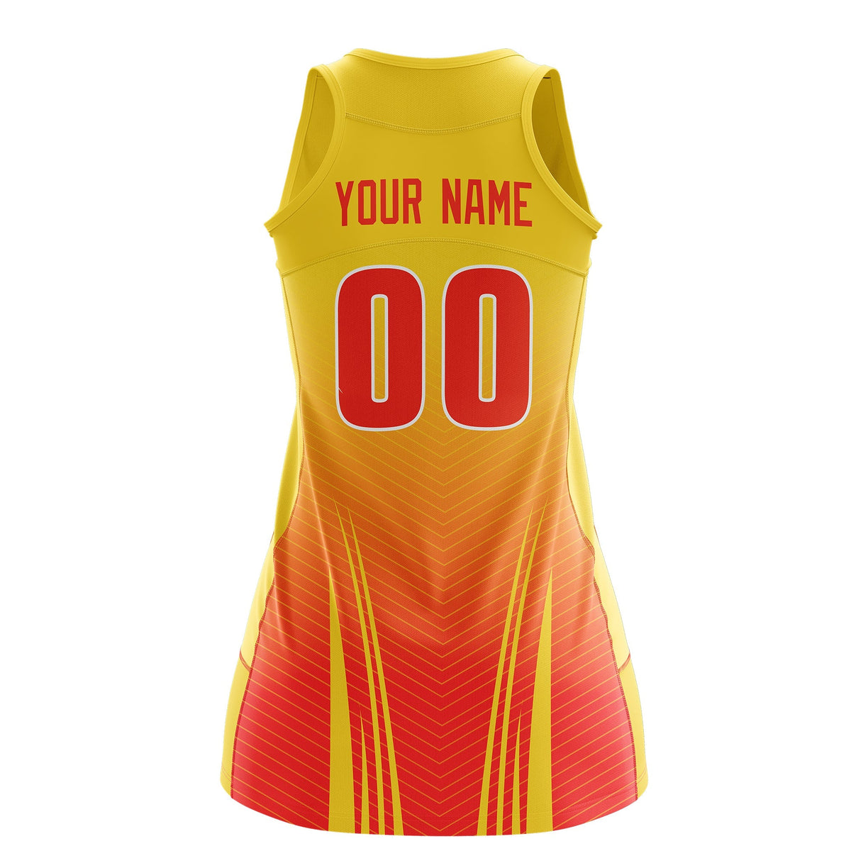 Custom Women Netball Dress | Gold Orange V-Shaped Pinstripes Uniform with Name &amp; Number