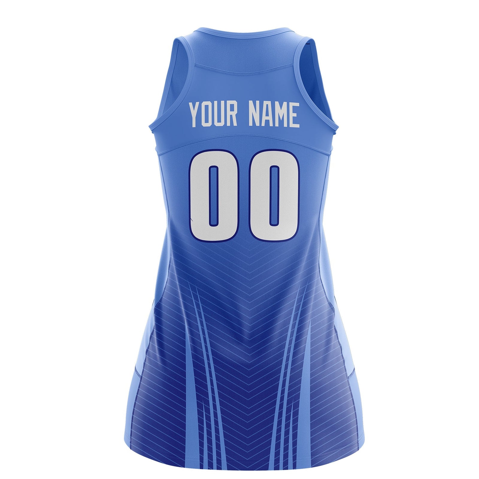 Custom Netball Dress | Light Blue Royal Blue V-Shaped Pinstripes Gradient Team Uniform