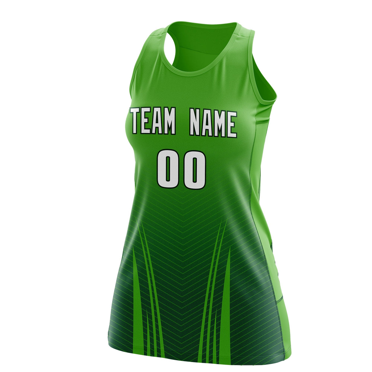 Custom Netball Dress Light Green Green for Women with V-Shaped Pinstripes Personalized Team Uniform