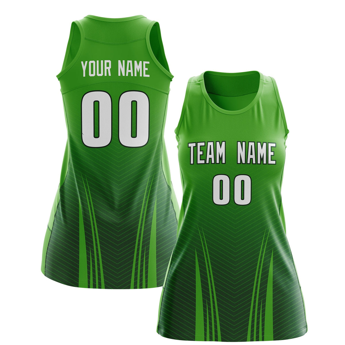 Custom Netball Dress Light Green Green for Women with V-Shaped Pinstripes Personalized Team Uniform