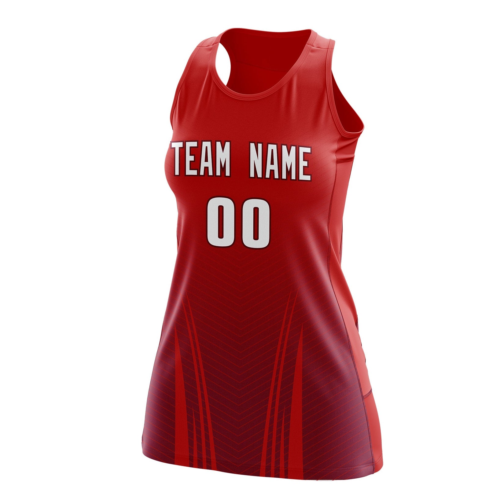 Custom Women Netball Dress | Red Crimson V-Shaped Pinstripes Uniform with Name & Number